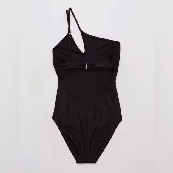 Aerie size Medium Shine Rib One Shoulder Full Coverage One Piece Swimsuit Black - Picture 4 of 12